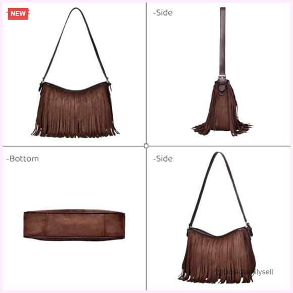 Fringe Suede Hobo Bag with Detachable Straps, Crossbody Shoulder Purse - Picture 7 of 7